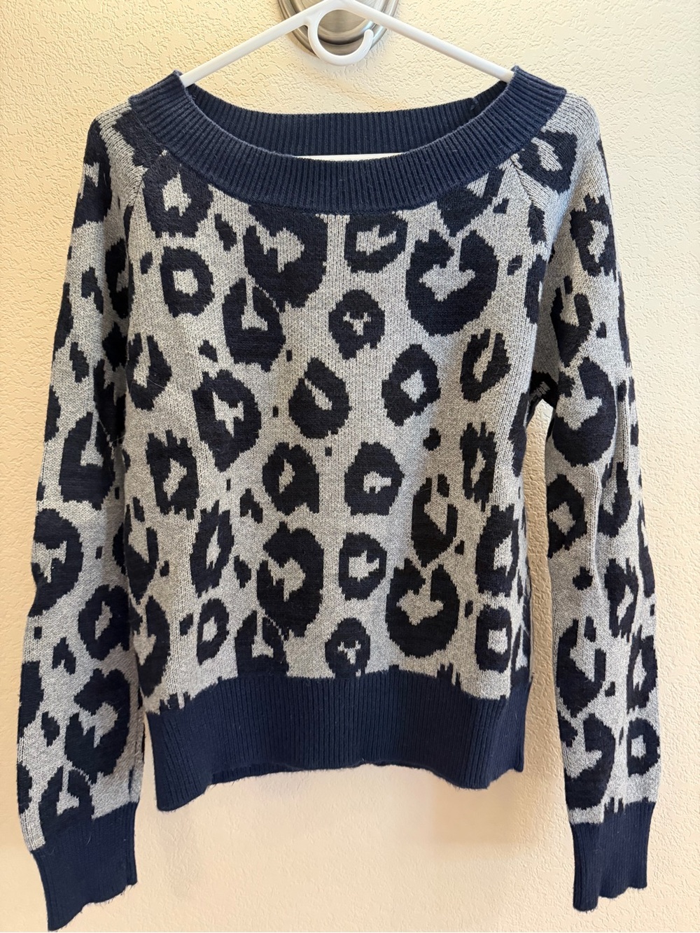 GAP Off-the-Shoulder Navy and Gray Leopard Knit Sweater